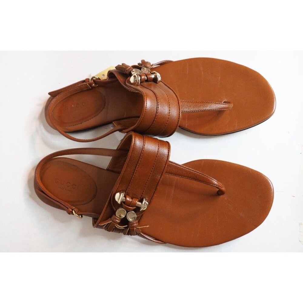 Gucci Brown Leather Thong GG Horsebit T Bar Sandals, Size 9.5 (US) 39.5 (EU) - Picture 2 of 8